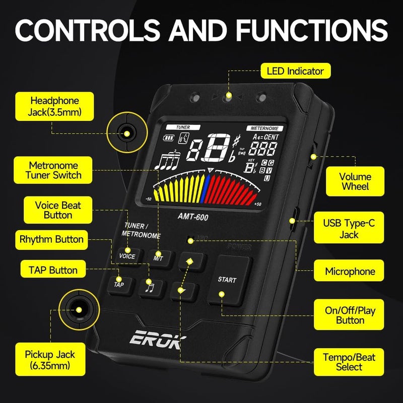 EROK Digital Metronome & Tuner - All-in-One Rechargeable with Stereo Headphone Output, Voice Counting, Ideal for Guitar, Bass, Violin & String Instruments(Black) - Image 5